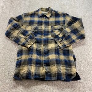 Rustic Ridge Flannel Shirt Jacket Mens Medium Tan Blue Plaid Fleece Lined Snap